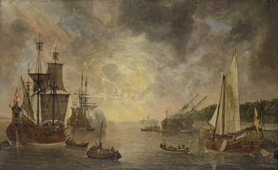 A Harbour with a Flute, a Frigate Firing a Salute, a Flute Being Careened and a States Yacht, with Other Shipping at Sunset by Lieve Verschuier