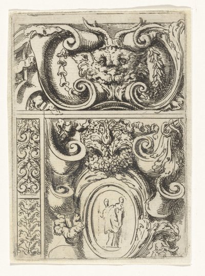 Cartouche with Animal Head and Below a Cartouche with Madonna and Child (Divertimenti di Livio Meus series) by Lieven Mehus