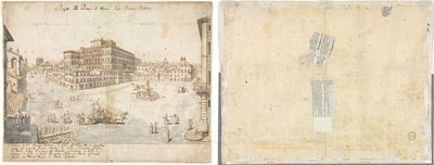 Eighteen Views of Rome: The Piazza Barberini (recto); Tracing of a Fountain and Sketches of Two Faces (verso) by Lievin Cruyl