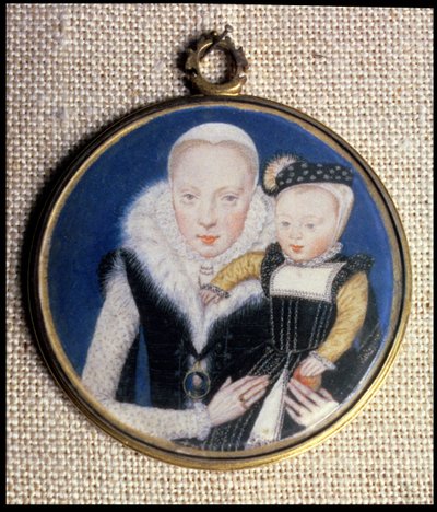 Portrait miniature of Lady Katherine Seymour, nee Grey, Countess of Hertford, holding her infant son and wearing her husband