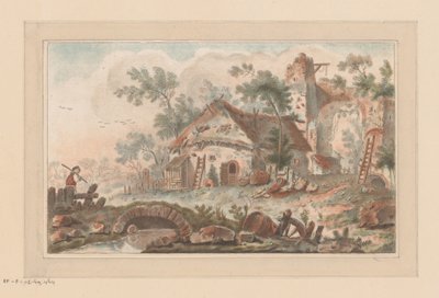 House by a Dilapidated City Gate, with a Man on a Bridge in the Foreground by Liger (attributed to)