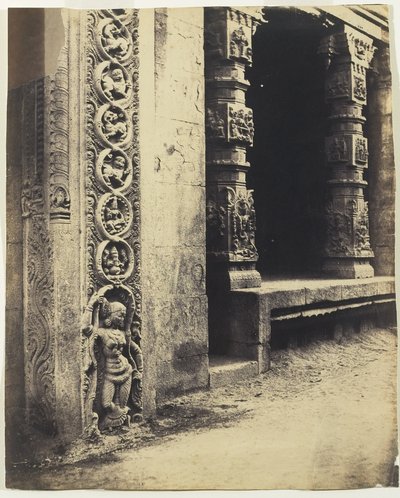 Madura: Pillars in the Recessed Portico in the Royal Gopurum with the Base of One of the Four Sculpted Monoliths by Linnaeus Tripe