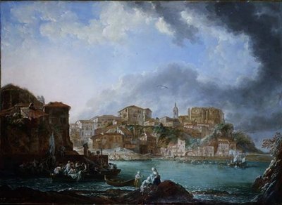 View of the harbour with figures in boats by Linton Park