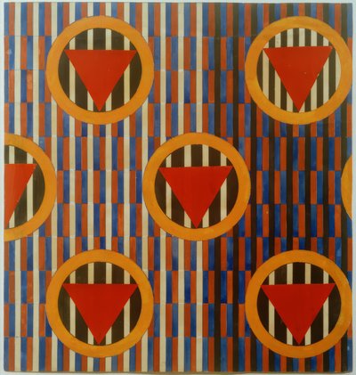 Red Triangles in Circles. Design for Upholstery Fabric by Ljubow Sergejewna Popowa