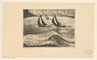 Three Sailing Ships in a Storm at Sea by Lodewijk Schelfhout (signed by artist)
