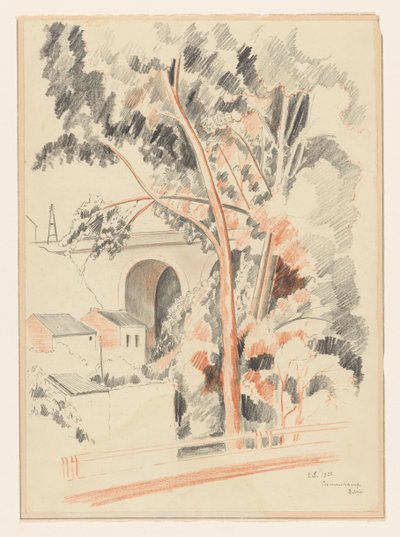 Houses and Trees Under a Viaduct in Remouchamps by Lodewijk Schelfhout (signed by artist)