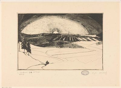 Rising or Setting Sun Over a Hilly Landscape by Lodewijk Schelfhout (signed by artist)
