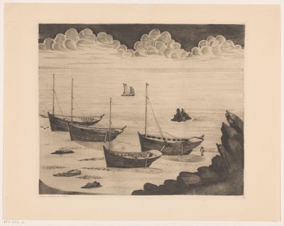 Four moored ships on a Breton beach by Lodewijk Schelfhout (signed by artist)