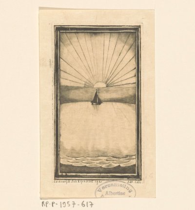 Sailing Ship at Sea at Sunrise or Sunset by Lodewijk Schelfhout (signed by artist)