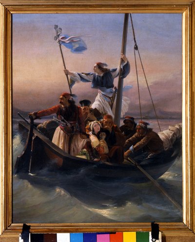 Greeks on a Ship Allegory of Greece Marching Towards Independence after the Ottoman Domination and the Greek War of Independence (1821-1830) or Greek Revolution. Painting by Ludovico Lipparini by Lodovico Lipparini