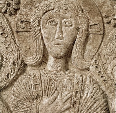 Archaeology of the Middle Ages: Barbarian Art of Lombardy: Detail of Christ, Low Relief of the Altar of Duke Rachis. 737-744. Cividale del Friuli, Chretien Museum, Treasure of the Cathedral by Lombard School
