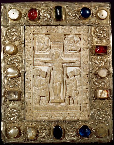 Archaeology of the Middle Ages. Barbarian art of Lombardy: the peace of Duke Orso. The ivory part represents Christ crucified surrounded by the Virgin, Saint Longinus the Centurion and Saint John. Lombard art of the 9th century. by Lombard School