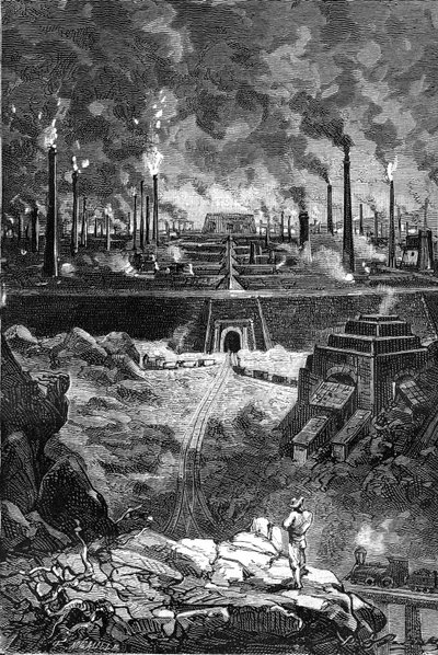 Drawing by Leon Benett, from the book of Jules Verne “The 500 million of the Begum” - edition Hetzel/Extraordinary Voyages 1879. View of the “Steel City”, gigantic set of factories by Léon Benett