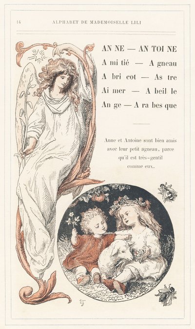 Anne, Antoine, Friendship, Lamb, Apricot, Star, Love, Bee, Angel, Arabesque, Page 14 - Alphabet by Mademoiselle Lili, by L. Froelich and by a Father (Hetzel Himself). Bibliotheque & Magasin d