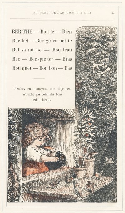 Berthe, Bonte, Well, Barbet, Bergeronnette, Balsamine, Birch, Beak, Becqueter, Arm, Bouquet, Candy, Bottom, Page 15 - Alphabet by Mademoiselle Lili, by L. Froelich and by a Dad (Hetzel Himself). Bibliotheque & Magasin d