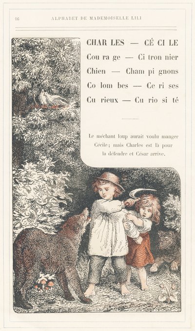 Charles, Cecile, Courage, Lemon Tree, Dog, Mushrooms, Doves, Cherries, Curious, Curiosite, Page 16 - Alphabet by Mademoiselle Lili, by L. Froelich and by a Dad (Hetzel himself). Bibliotheque & Magasin d