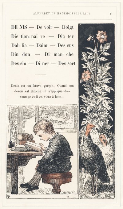 Denis, Duty, Finger, Dictionary, Dicter, Dahlia, Suede, Top, Turkey, Sunday, Drawing, Dinner, Dessert, Page 17 - Alphabet by Mademoiselle Lili, by L. Froelich and by a Dad (Hetzel Himself). Bibliotheque & Magasin d