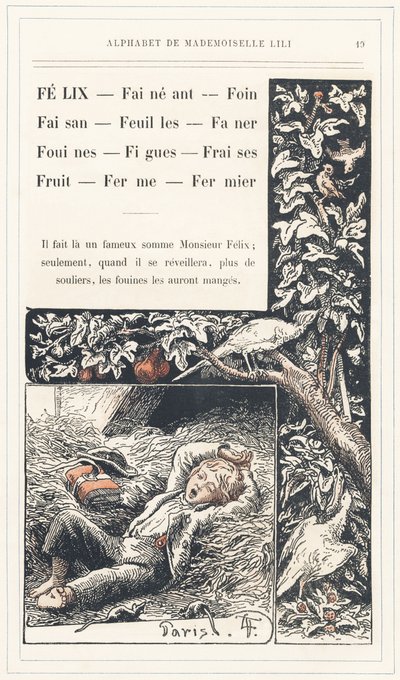 Felix, Lay, Hay, Pheasant, Leaves, Faner, Weasels, Figs, Strawberries, Fruit, Farm, Farmer, Page 19 - Alphabet by Mademoiselle Lili, by L. Froelich and by a Father (Hetzel Himself). Bibliotheque & Magasin d