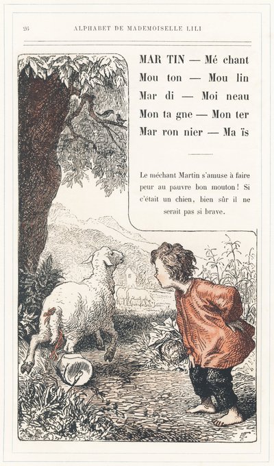 Martin, Mechant, Mouton, Mill, Tuesday, Sparrow, Mountain, Rise, Chestnut, Mais, Page 26 - Alphabet by Mademoiselle Lili, by L. Froelich and by a Dad (Hetzel Himself). Bibliotheque & Magasin d