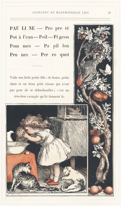 Pauline, Clean, Water Pot, Hair, Pigeon, Apples, Butterfly, Plums, Parrot, Page 29 - Alphabet by Mademoiselle Lili, by L. Froelich and by a Dad (Hetzel Himself). Bibliotheque & Magasin d