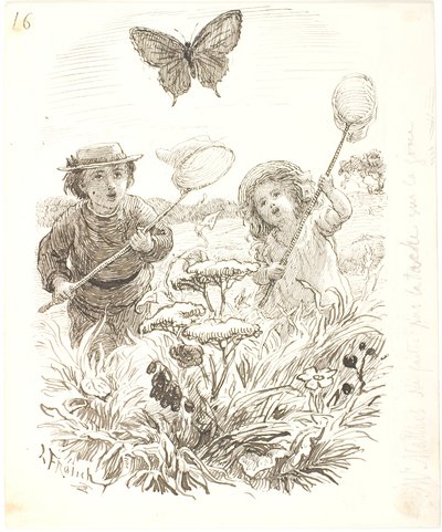 The Two Children Catching Butterflies by Lorenz Frølich