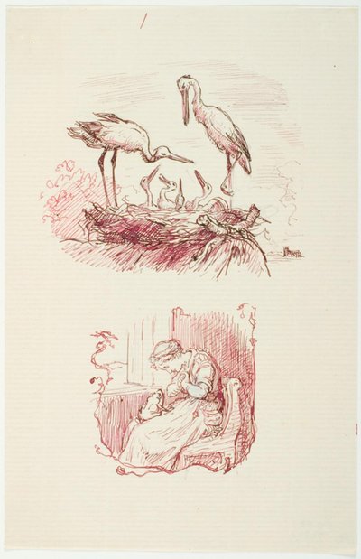 Foreground: Storks. Background: Seated Woman with a Frog on Her Lap by Lorenz Frølich