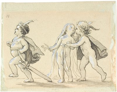 Vignette with Three Children; Running Boy and Boy and Girl Embracing by Lorenz Frølich