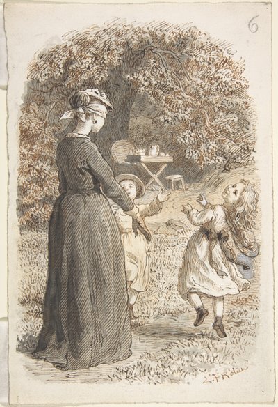 A Mother and Two Children Playing Blind Man