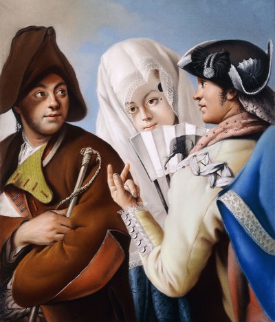 A Gentleman in a Phrygian Bonnet being addressed by a Gentleman in a yellow coat and black tricorn Hat with a Lady in a blue brocade Dress and white Mantilla by Lorenzo Baldissera Tiepolo