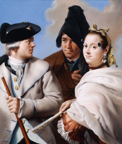 A Gentleman in a Tricorn Hat Holding a Cane, a Gentleman in a Black Phrygian Bonnet and a Young Woman with a Mouche in a Red Dress by Lorenzo Baldissera Tiepolo