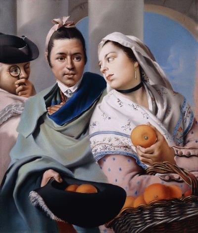 A Girl in a pink Dress and white shawl offering Oranges to a Gentleman in a green Cape holding a tricorn Hat observed by a Gentleman with an Eyeglass by Lorenzo Baldissera Tiepolo