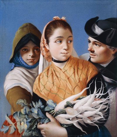 A Girl in an Orange Shawl holding Turnips, A Girl in a green Bonnet and Dress and a Gentleman in black Tricorn Hat by Lorenzo Baldissera Tiepolo