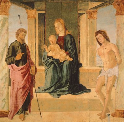 Virgin and Child Enthroned, with St James and St Sebastian by Lorenzo Costa