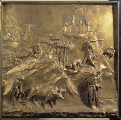 Life of Cain and Abel: the sacrifice, the murder of Abel and God banishing Cain. Original panel of the door of Paradise by Lorenzo Ghiberti