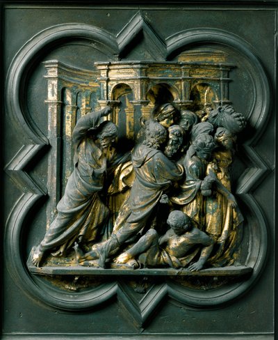North Gate (called Gate of the Cross, in the North), exterior detail: Jesus chasing merchants from the Temple. Bronze sculpture made by Lorenzo Ghiberti by Lorenzo Ghiberti