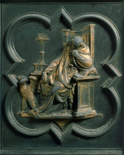 North Gate (called Gate of the Cross, to the North), exterior detail: Saint John Evangelist. Bronze sculpture made by Lorenzo Ghiberti by Lorenzo Ghiberti