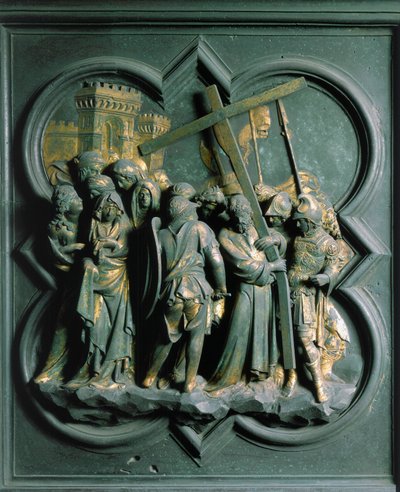 North Gate (Called Gate of the Cross, in the North), Exterior Detail: The Ascent to Calvary, Bronze Sculpture by Lorenzo Ghiberti (1378-1455) by Lorenzo Ghiberti