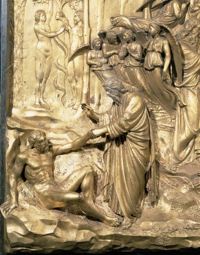 The Story of Adam, detail of the Creation of Adam and the Temptation of Adam and Eve, from one of the original panels from the East Doors of the Baptistery, 1425-52 (post restoration) by Lorenzo Ghiberti
