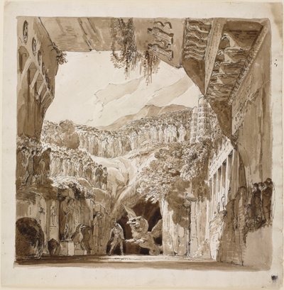 Stage Design with a Man Fighting a Dragon in a Cave by Lorenzo I Quaglio