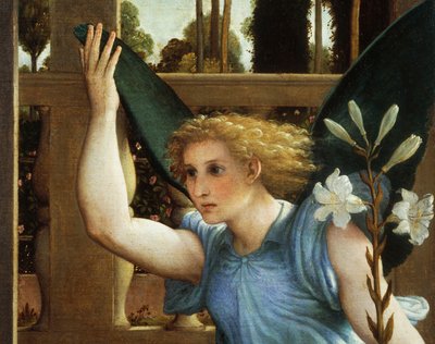Announcing Angel, (detail) from the Annunciation, ca 1434, by Lorenzo Lotto by Lorenzo Lotto