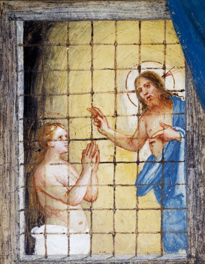 Christ visiting St Barbara in prison and healing her, detail from Stories of Saint Barbara (detail) by Lorenzo Lotto