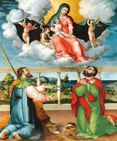 Madonna in Glory with Saints Cosmas and Damian in Adoration by Lorenzo Lotto