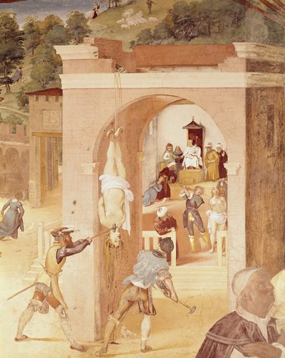 Scenes from the Life of St. Barbara, detail of St. Barbara handed over to the Roman Prelate, Marcian, and then tortured, 1523-24 by Lorenzo Lotto