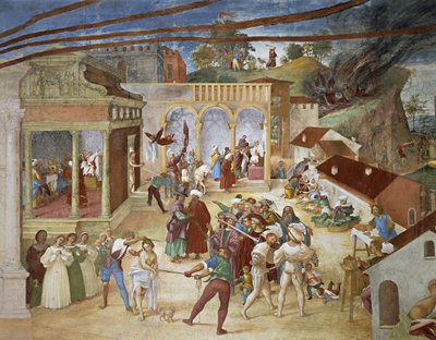 St Barbara being led through streets of city (detail) by Lorenzo Lotto