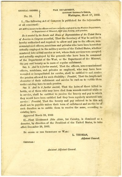 Publish an Act of Congress that Secures Pay, Bounty, and Pension to Officers and Men Employed in the Western Department or Department of Missouri by Lorenzo Thomas