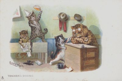 Cats in a classroom: the teacher is dozing and so the students are misbehaving by Louis (after) Wain