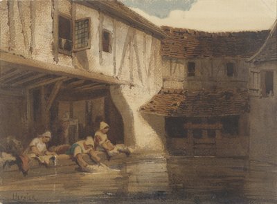 Women Washing in an Open Hall of a Housing Complex by the Water by Louis Adolphe Hervier (signed by artist)