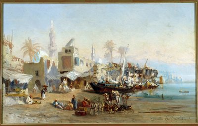 Fishermen and Mosques of the Port of Boulack in Egypt by Louis Amable Crapelet