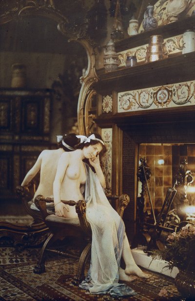 Female Nude Seated by Fireside by Louis Amedee Mante and Edmond Goldschmidt