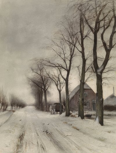 Winter Landscape with Farmhouse on an Avenue by Louis Apol